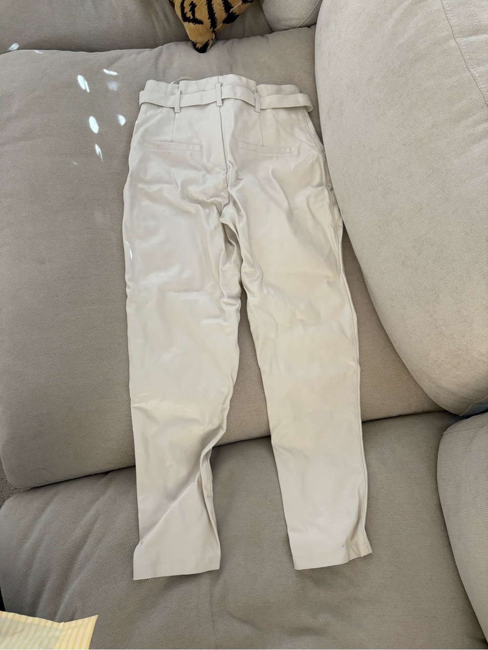 Lucy Paris Faux Leather Cream Paperbag Waist Trousers with Self-Tie Belt - Picture 3 of 4
